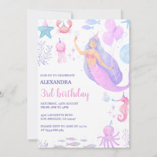 Mermaid Under the Sea Girl 3rd Birthday Invitation