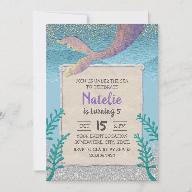 Mermaid Under the Sea Girl 5th Birthday Party Invitation (Front)