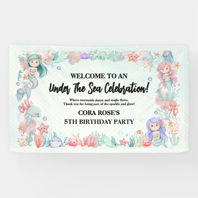 Mermaid Under The Sea Girl Birthday Party Banner (Horizontal)