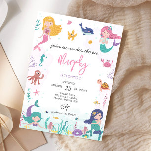 Mermaid Under the Sea Girl Birthday Party  Invitation