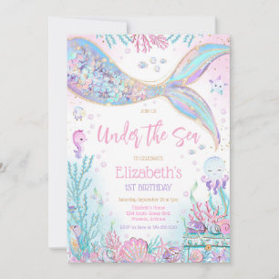 Mermaid Under the Sea Girl Birthday Party  Invitation