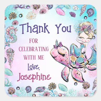 Mermaid Under the Sea Girl Birthday Thank You Gift Square Sticker