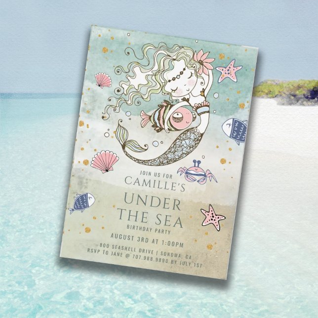 Mermaid Under The Sea Gold Glitter Birthday Party Invitation (Creator Uploaded)