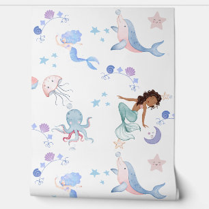 Mermaid under the sea kid's room wallpaper