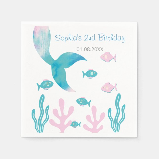 Mermaid Under the Sea Pastel Pink Blue Birthday  Napkin (Front)