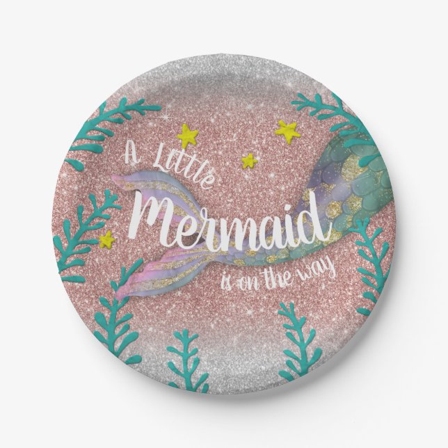 Mermaid Under the Sea Rose Gold Girl Baby Shower Paper Plate (Front)