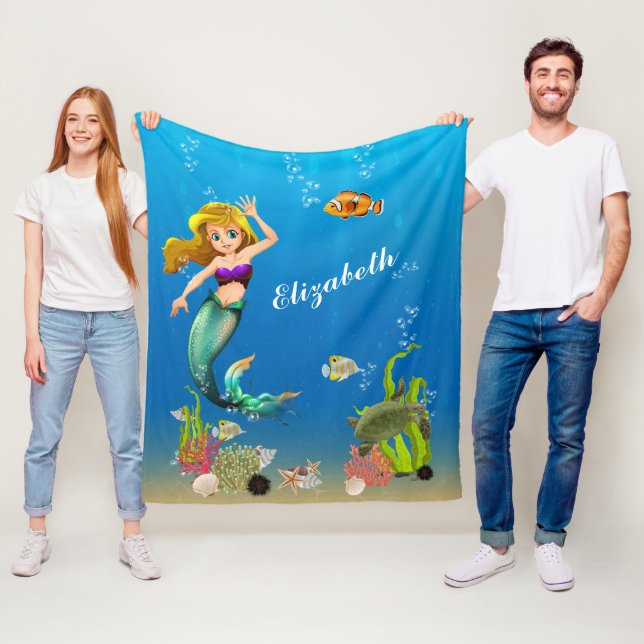 Mermaid Under The Sea Turtle Fish Ocean Fleece Blanket (In Situ)