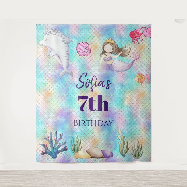 Mermaid Under The Sea Water Birthday Backdrop Tapestry (Front)