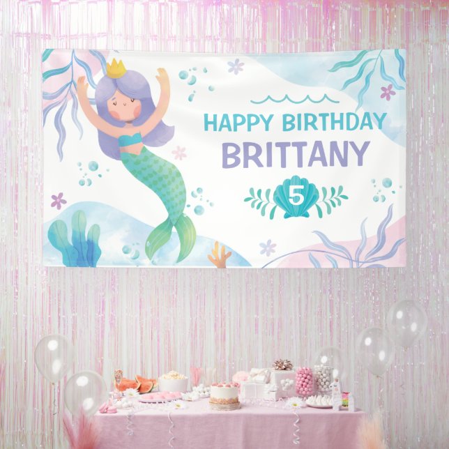 Mermaid Under the Sea Watercolor birthday banner (Party)