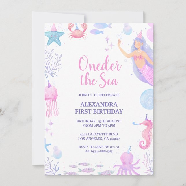 Mermaid Under the Sea Watercolor Girl 1st Birthday Invitation (Front)