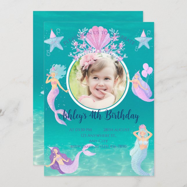 Mermaid under the sea watercolor ocean kids party invitation (Front/Back)