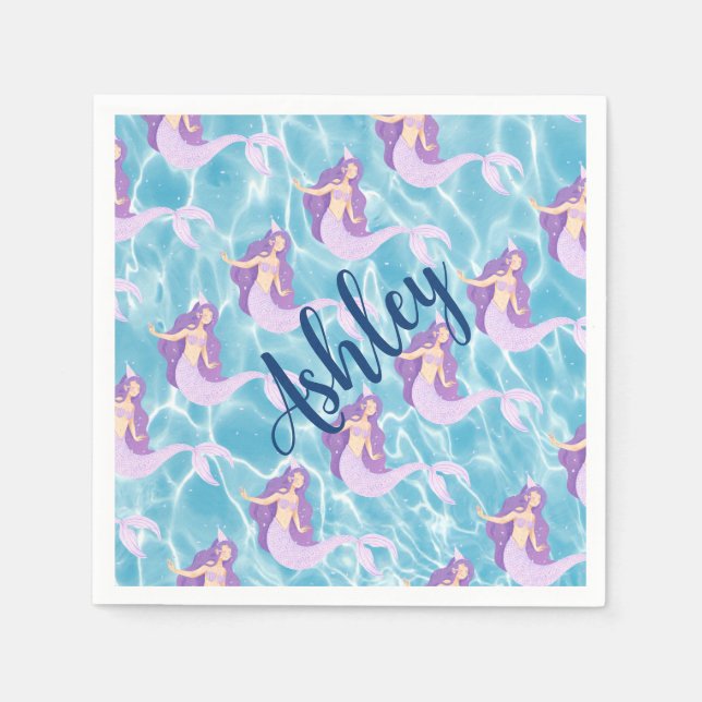 Mermaid under the sea watercolor ocean kids party napkin (Front)