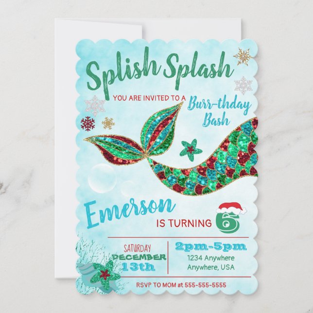Mermaid under the sea, winter, Christmas invite (Front)