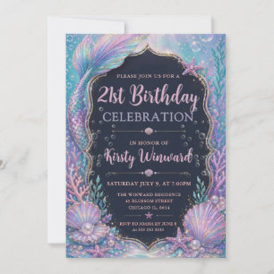 Mermaid Underwater Purple Teal 21st Birthday Invitation