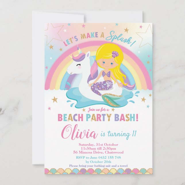 Mermaid Unicorn Beach Party Birthday Blonde Invitation (Front)
