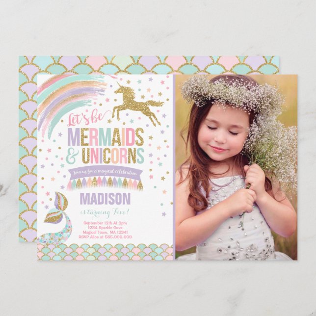 Mermaid & Unicorn Birthday Invitation Magic Party (Front/Back)