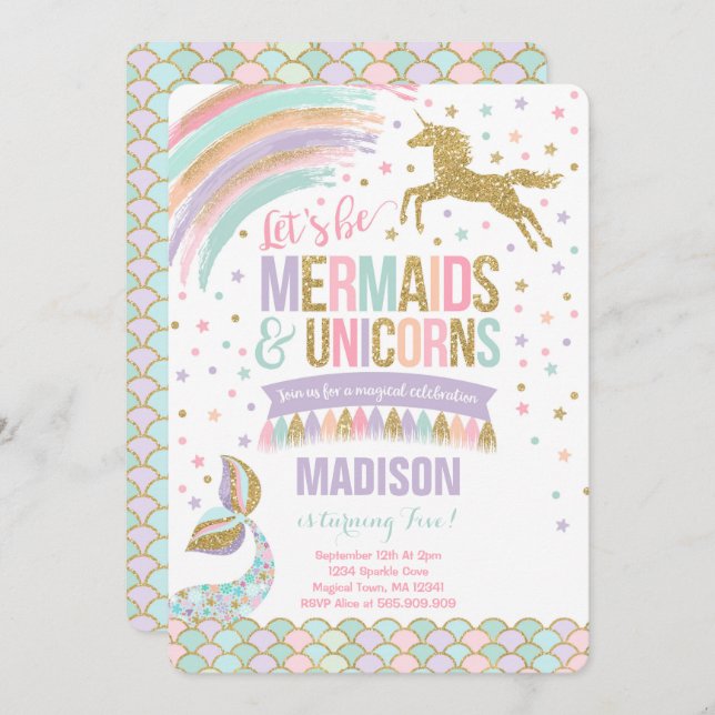 Mermaid & Unicorn Birthday Invitation Magic Party (Front/Back)