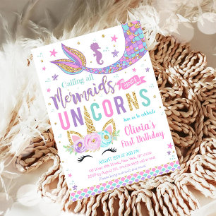 Mermaid Unicorn Girl Birthday Invitation