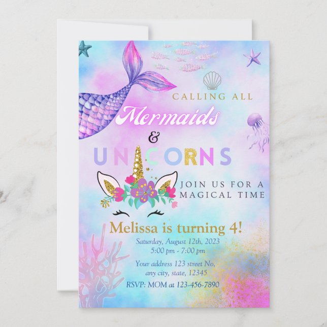Mermaid & Unicorn Gold Glitter invite 4 girl/twins (Front)