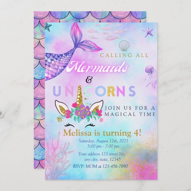 Mermaid & Unicorn Gold Glitter invite 4 girl/twins (Front/Back)