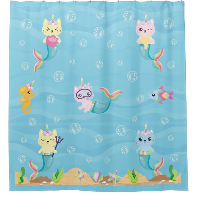 Mermaid Unicorn Kitty Shower Curtain (Front)