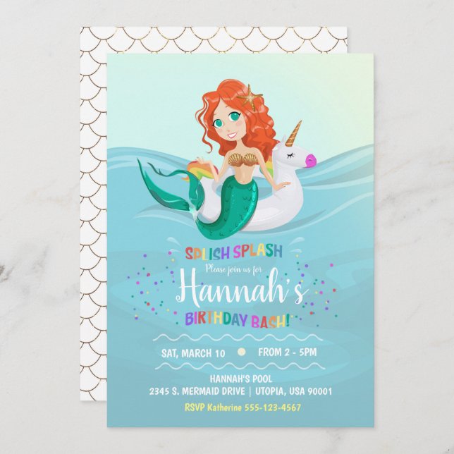 Mermaid Unicorn Pool Birthday Party Invitation (Front/Back)