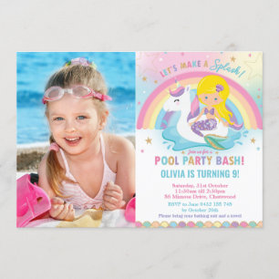 Mermaid Unicorn Pool Party Birthday Blonde Photo Invitation