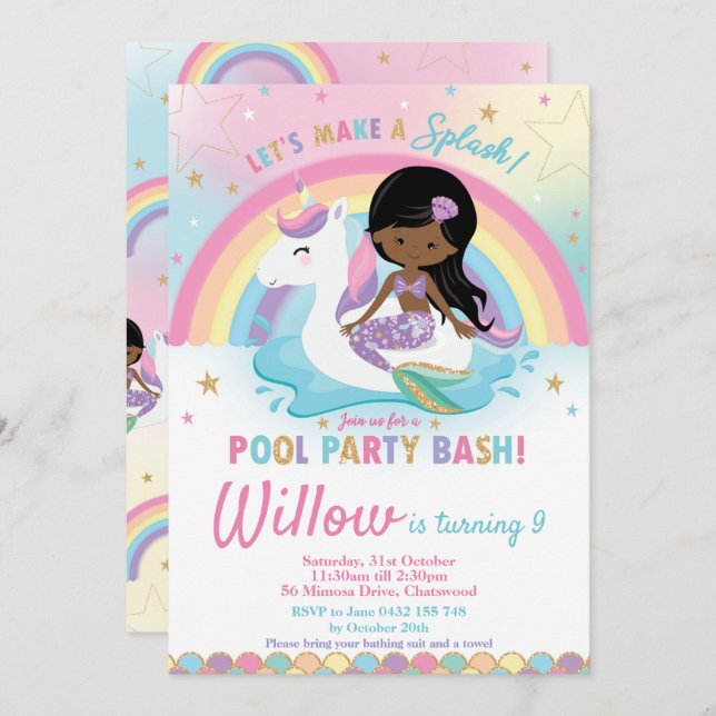 Mermaid Unicorn Pool Party Birthday Dark Skin Tone Invitation (Front/Back)