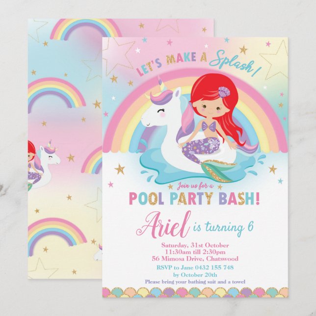 Mermaid Unicorn Pool Party Birthday Red Hair Girl Invitation (Front/Back)