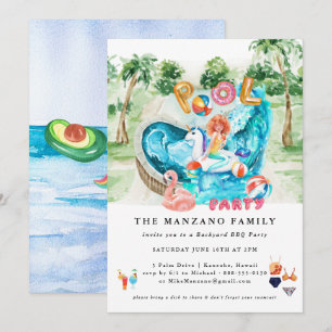 Mermaid Unicorn   Pool Party Invitation