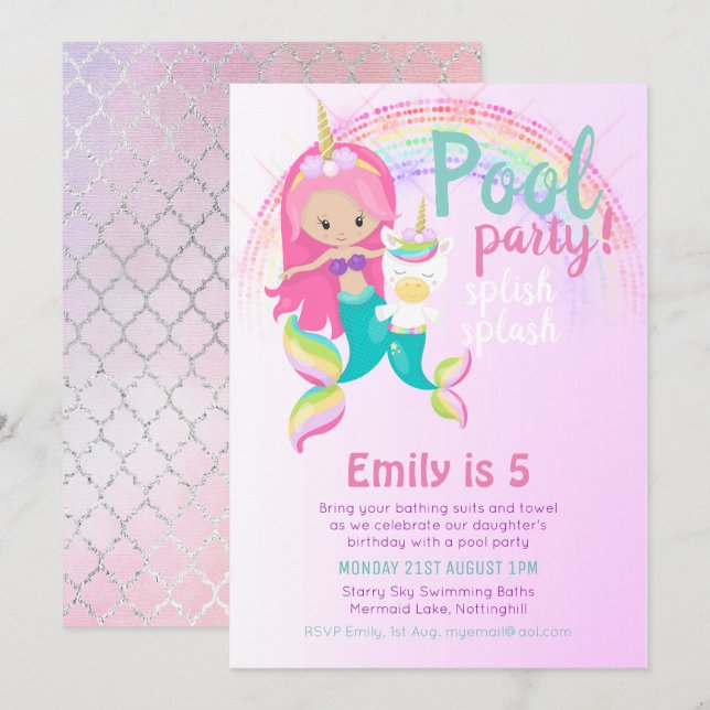 Mermaid Unicorn Pool Party Pink Blue Girl Invitation (Front/Back)