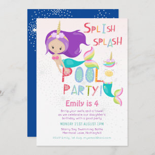Mermaid Unicorn POOL Party Pink Glitter Girls Invitation