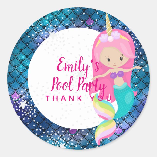 Mermaid Unicorn Pool Party Supplies Pink Blue Girl Classic Round Sticker (Front)