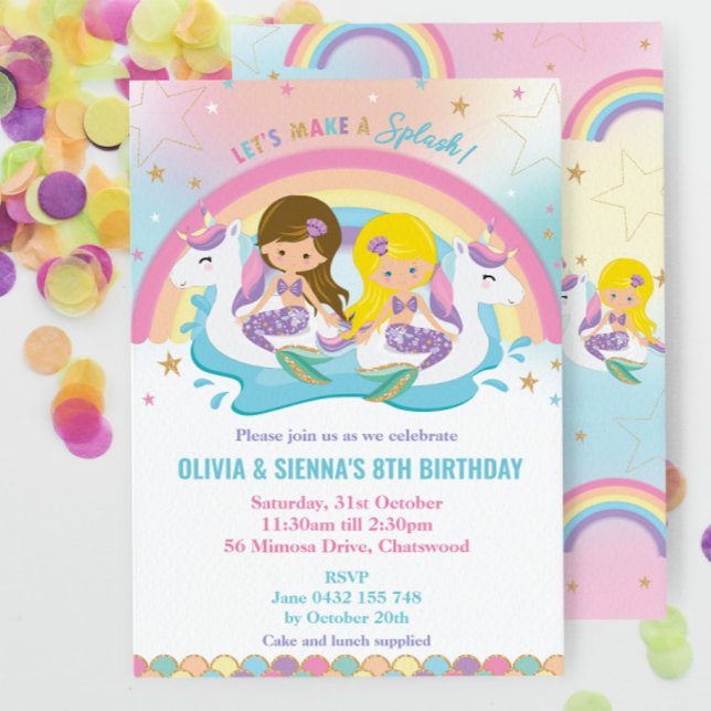 Mermaid Unicorn Rainbow Pool Party Twins Birthday Invitation (Creator Uploaded)