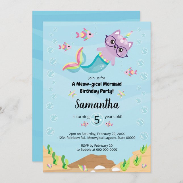 Mermaid Unicorn Under the Sea Birthday Party Invitation (Front/Back)