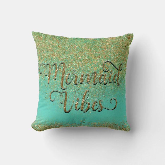 Mermaid Vibes Gold Cascading Glitter & Scales Cushion (Front)