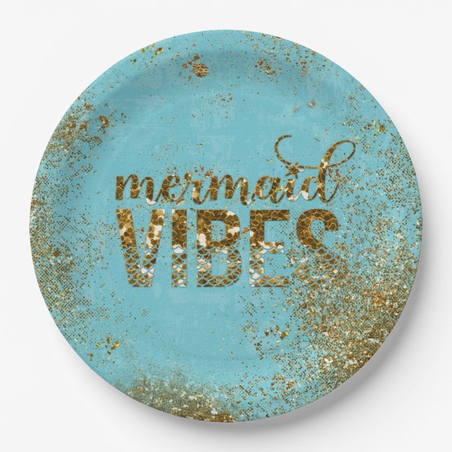 Mermaid Vibes- Gold Glitter Typography on Teal Paper Plate (Front)