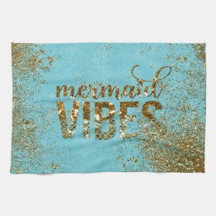 Mermaid Vibes- Gold Glitter Typography on Teal Tea Towel