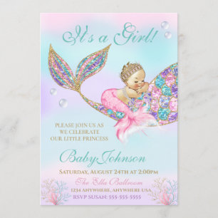 Mermaid Vintage Baby SHower Glitter Tail Invitation
