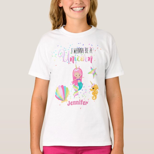 Mermaid Wanna Be A Unicorn Rainbow Under Sea Girls T-Shirt (Front)