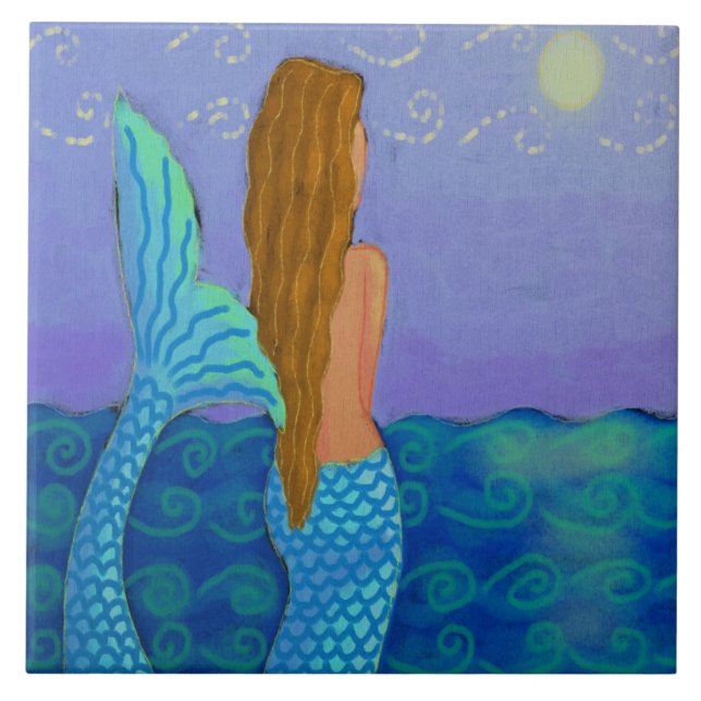 Mermaid Watching the Sun Abstract Art Tile (Front)
