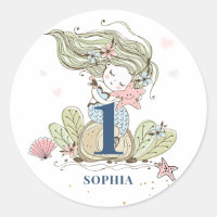 Mermaid Watercolor 1st Birthday Classic Round Stic