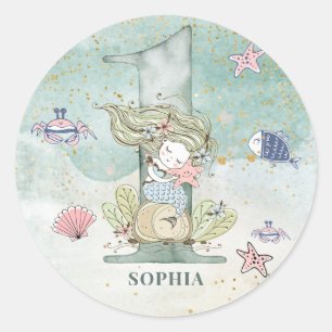 Mermaid Watercolor 1st Birthday Classic Round Sticker