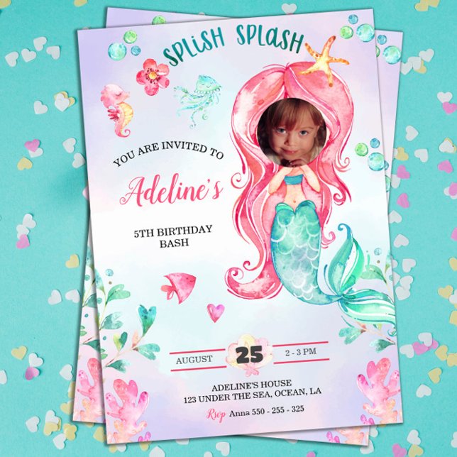 Mermaid Watercolor Add your Photo Birthday Cute Invitation (mermaid birthday creative cute add your own photo face girl party invitations)