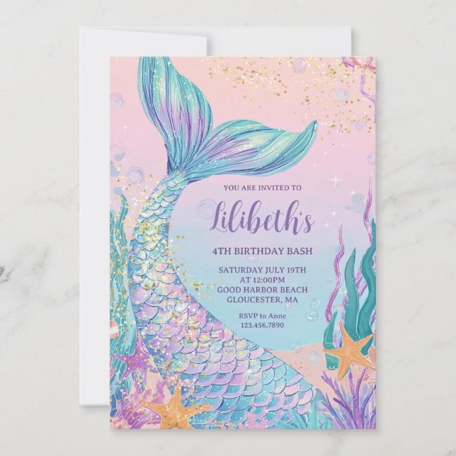 Mermaid Watercolor Birthday Invitation (Front)