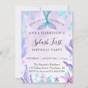Mermaid Watercolor Birthday Party Invitation