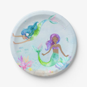 Mermaid Watercolor Birthday Party Paper Plate