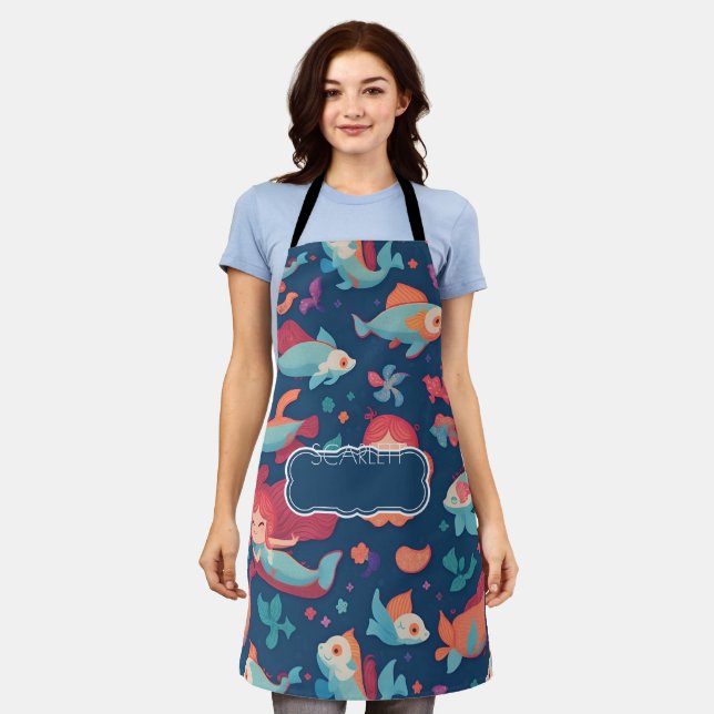 Mermaid Watercolor Colourful Personalised Pattern Apron (Worn)