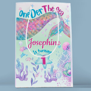 Mermaid watercolor first birthday medium gift bag
