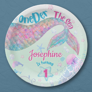 Mermaid watercolor first birthday paper plate
